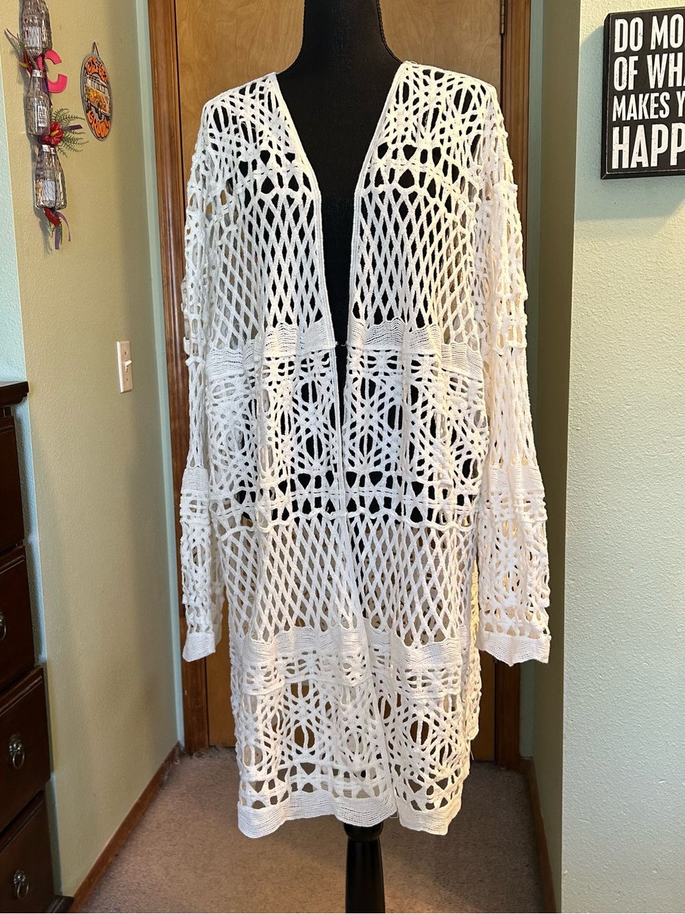 Catherine’s white crochet open front cardigan airy geometric design cotton 4X